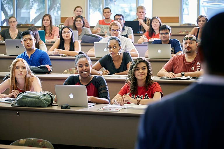 Students sitting in a classroom.